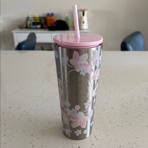Starbucks Silver Tumbler with Pink Floral Accents and Pink Lid
